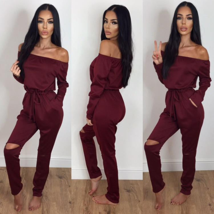 Women Jumpsuits Solid color Fashion Long sleeved Strapless Hole Straight collar Nightclub Romper Jumpsuit