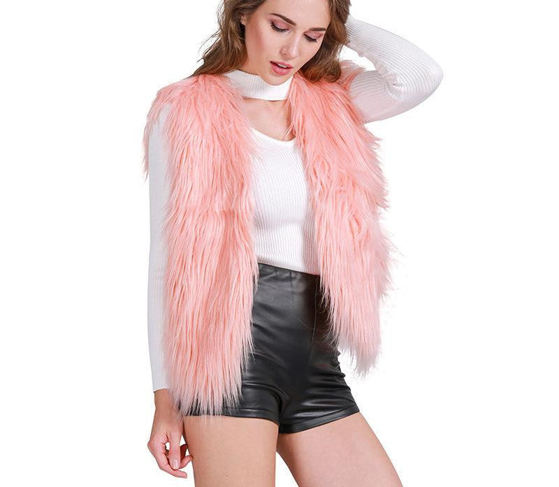 Simplee Casual fluffy pink elegant faux fur vest women jacket coat Soft warm sleeveless outwear black parkas