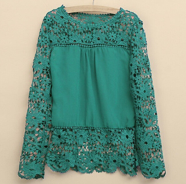 Plus Size 4XL 5XL women long-sleeved chiffon flower Lace Blouse Shirt Crochet Tops