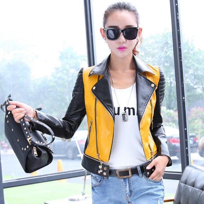 Online discount shop Australia - 6 sizes PU women leather motorcycle jacket patchwork color zippr design women PU leather outerwear coat S-3XL