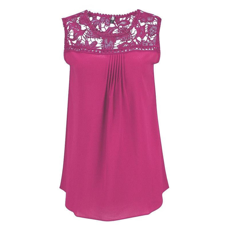 Women Tops Casual Chiffon Blouse Lace Patchwork Sleeveless Floral O-neck Shirts Ladies Blouses