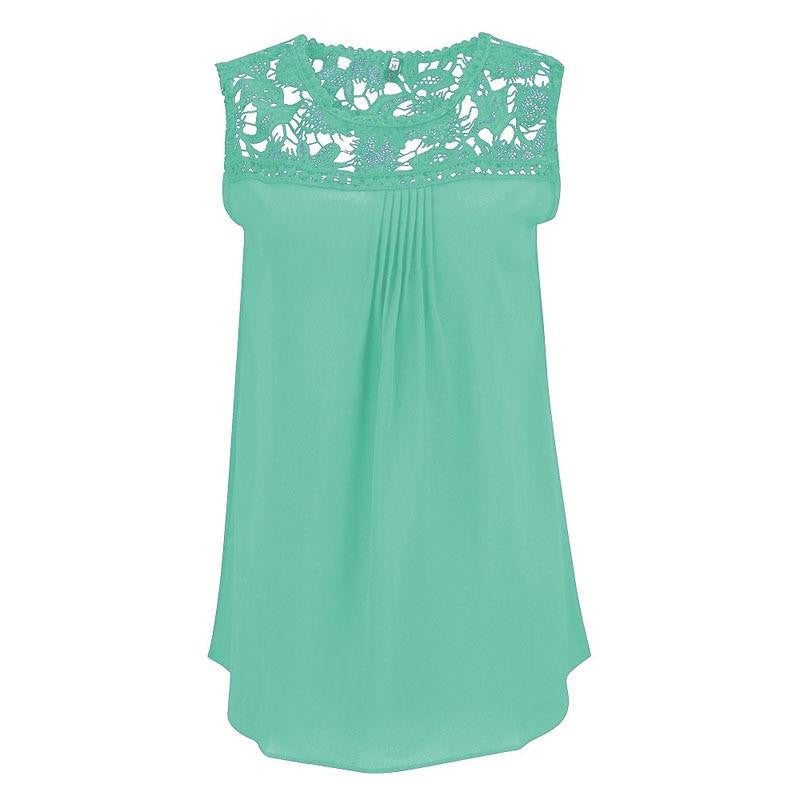 Women Tops Casual Chiffon Blouse Lace Patchwork Sleeveless Floral O-neck Shirts Ladies Blouses