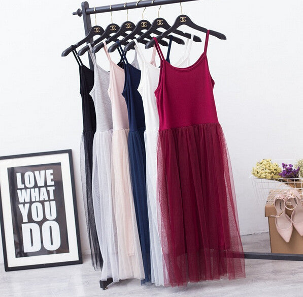 Online discount shop Australia - Modal spaghetti strap patchwork mesh gauze organze lace tank dress basic sundress