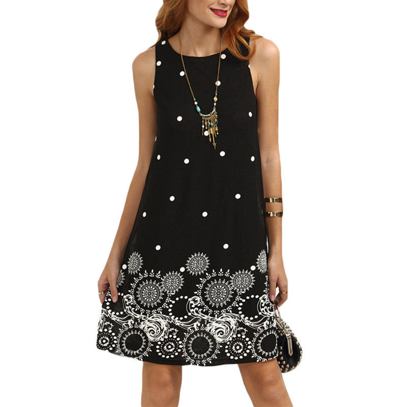 Online discount shop Australia - Ladies Vintage Summer Black Polka Dot Print Straight Dresses Cute Women Crew Neck Sleeveless Mini Dress
