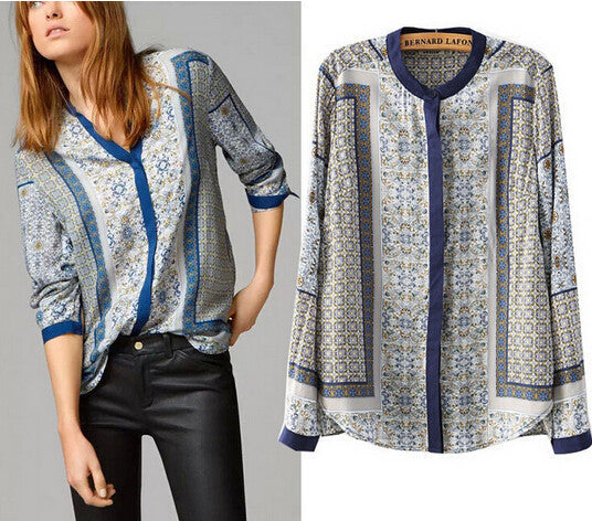 Women Shirts Long Sleeve Blouse Casual Totem Print Shirt Ladies Puls Size Tops