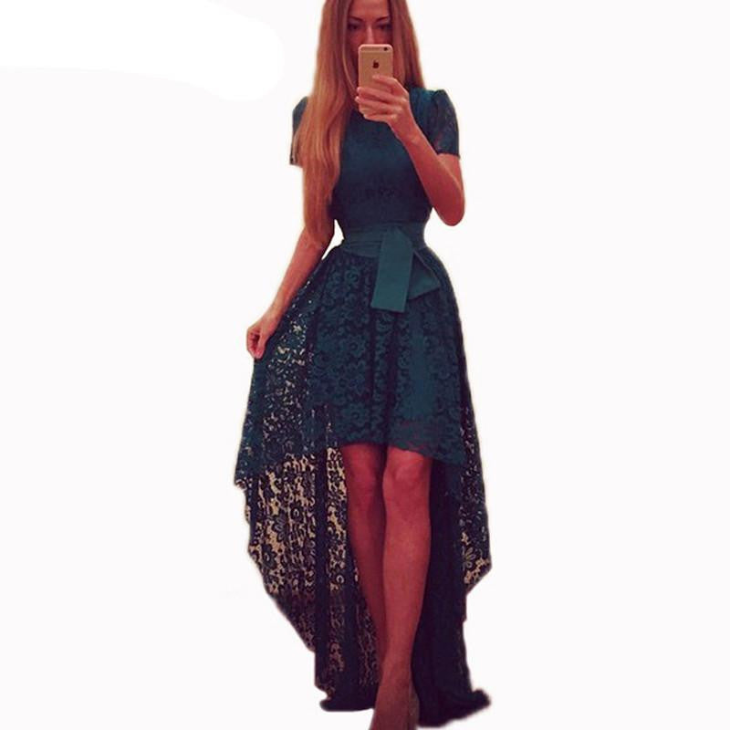 Women Fashion Summer Dress Asymmetrical Patchwork Dress Hollow Out Short Sleeve O Neck Lace Maxi Dresses