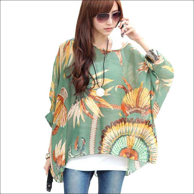 Online discount shop Australia - Blouse Shirt New Style Women Chiffon Tops Plus Size Women's Batwing Sleeve Print Casual Shirts