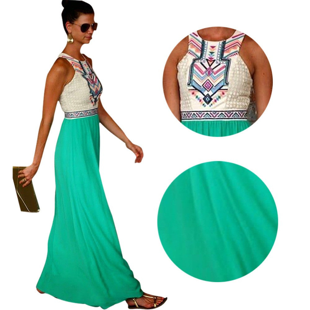Style Vogue Women Boho Floral Print Sleeveless Long Maxi Dresses Vintage