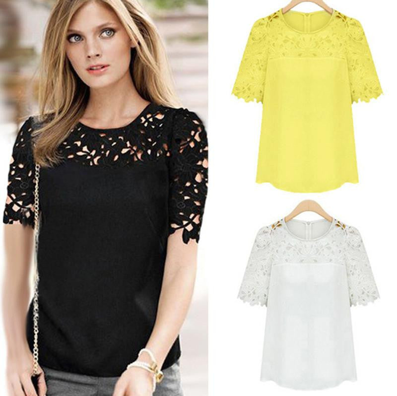 Women Clothing Lace Shirt Round Neck Short Sleeve Chiffon Blouse Female Tops Shirt