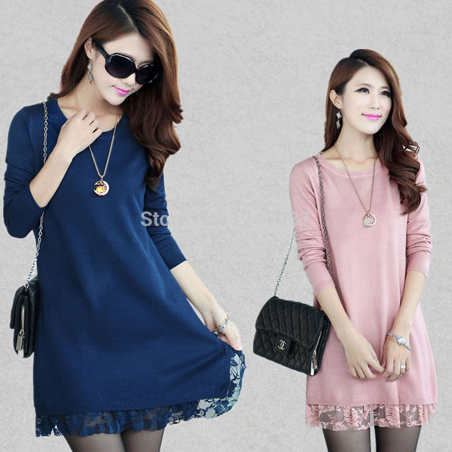 Online discount shop Australia - Good Quality New autumn thick dress women casual slim lace dress winter long-sleeved solid color plus size XXXL sweater