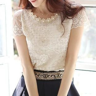 women's chiffon shirt lace top beading embroidery o-neck
