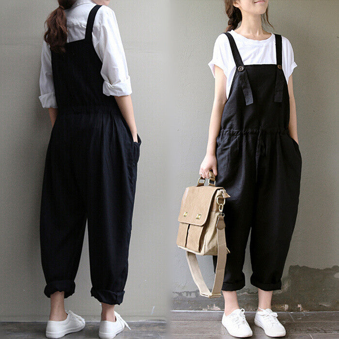Online discount shop Australia - Fashion Women Bib Overalls Designer trousers Loose Long Black Cotton Pants Plus Size