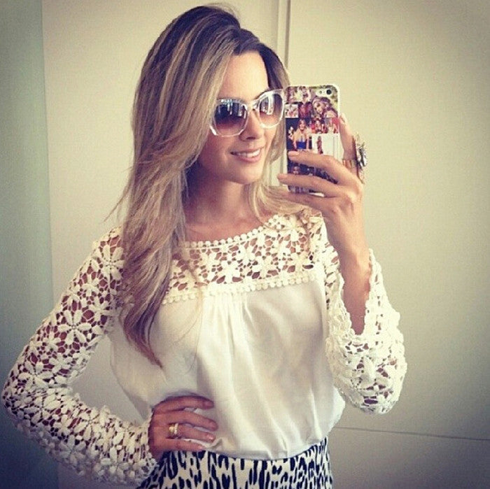 Women White Crochet Lace Shirt Female Floral Crochet Lace Long Sleeve Chiffon Blouse Lace Plus Size S-3XL