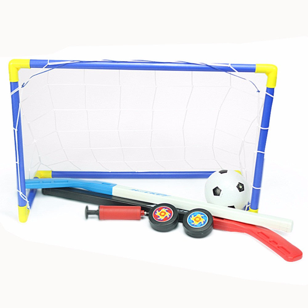 2 in 1 Outdoor/Indoor Kids Sports Soccer & Ice Hockey Goals with Balls and Pump Practice Scrimmage Game Football Toy Set