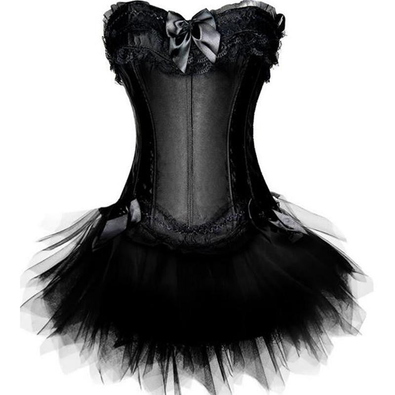 Corset Satin Lingerie Lace Corset Top + G-string + Skirt Bustier Mini Tutu Wedding Dress Costume 3 Color 5 Sizes S-2XL