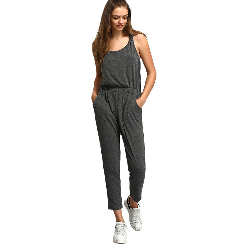Jumpsuit Women Overalls Elegant Long Pants Ladies Casual Grey Sleeveless Y-Back Slim One Piece Jumpsuits