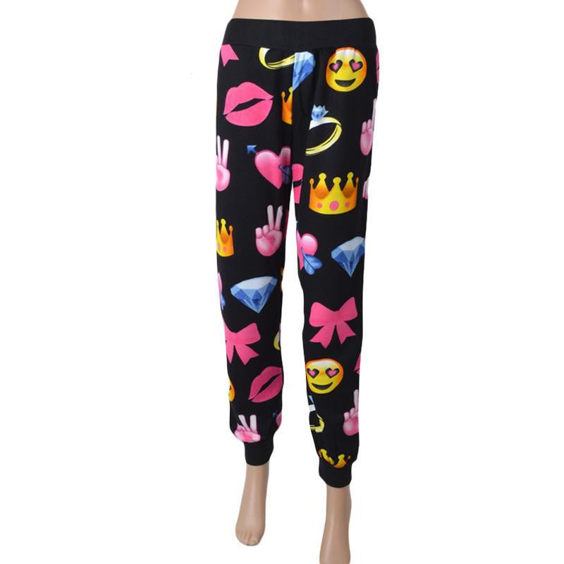 Women Emoji Pants Loose Punk Elastic Waist Harem Soprtwear Jogger Trousers