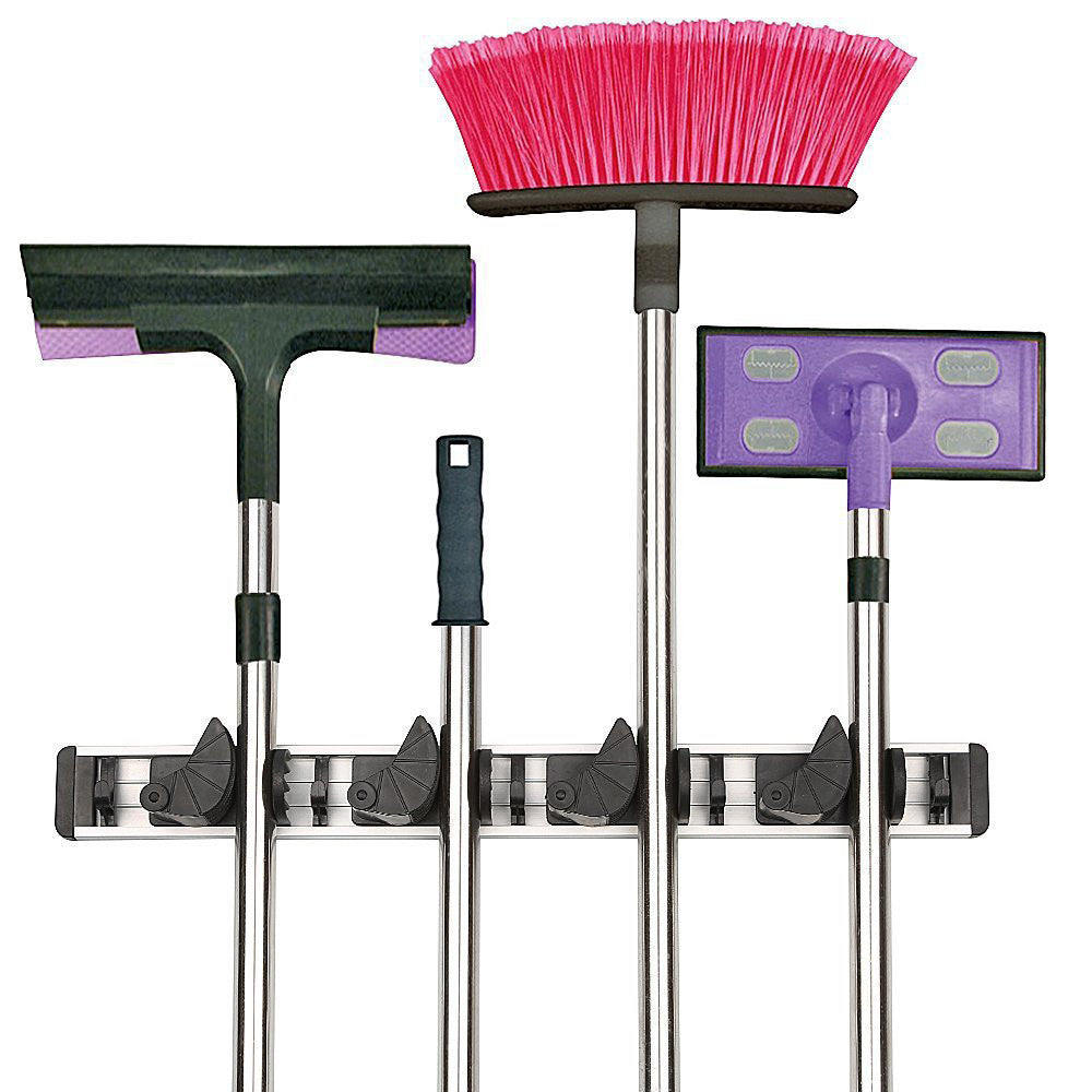 kitchen storage tool holder, 4 position with 5 hooks Wall Mounted Storage organizer, mop and broom storage holders racks