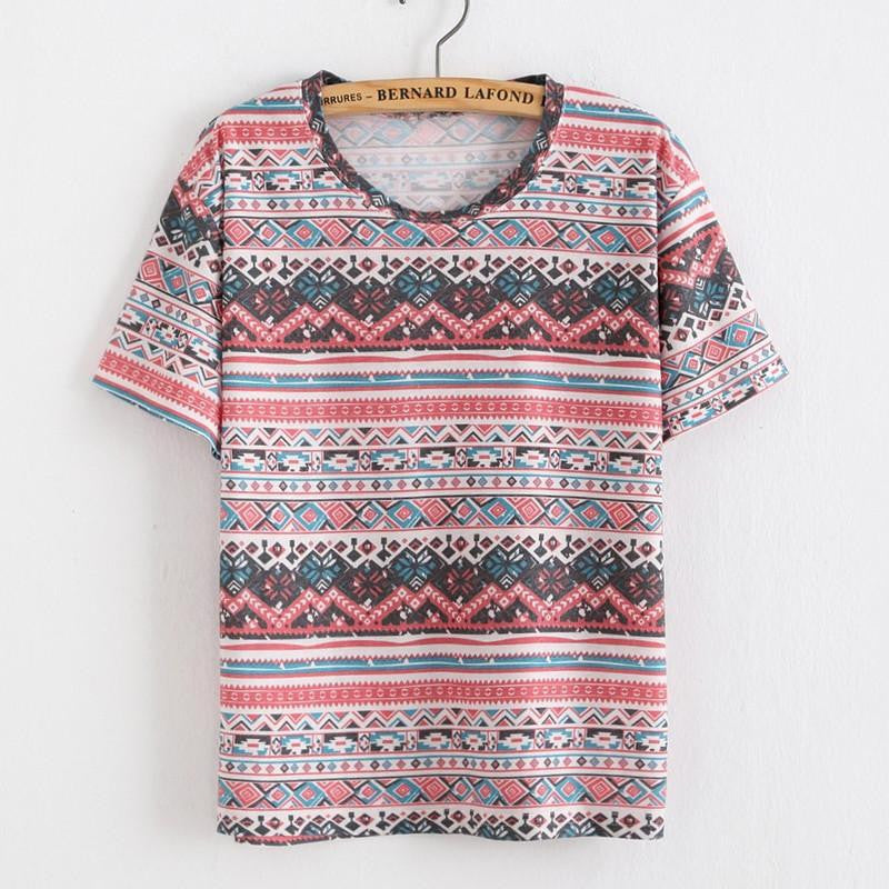 Women T Shirt Loose Women Retro Printed Short-sleeved T-shirt National style tops Tees