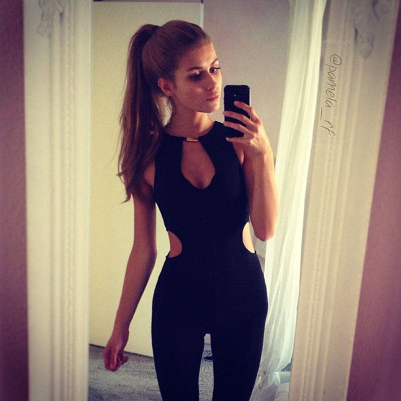 Online discount shop Australia - 1PC Sexy Sleeveless hHalter Piece Hollow Waist Trousers Straight Type Black Rompers Womens Jumpsuit Bodysuit Plus size