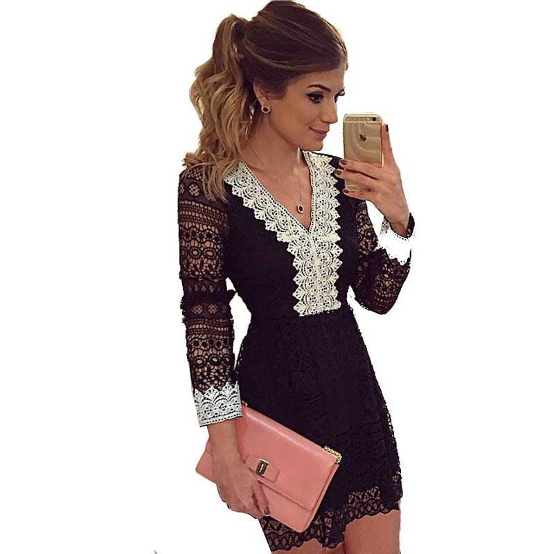 Online discount shop Australia - Elegant Long Sleeve Lace Sexy Women Dress Slim Waist Vestido De Festa Girls Dresses Crochet VNeck Vintage Female Dress Plus Size