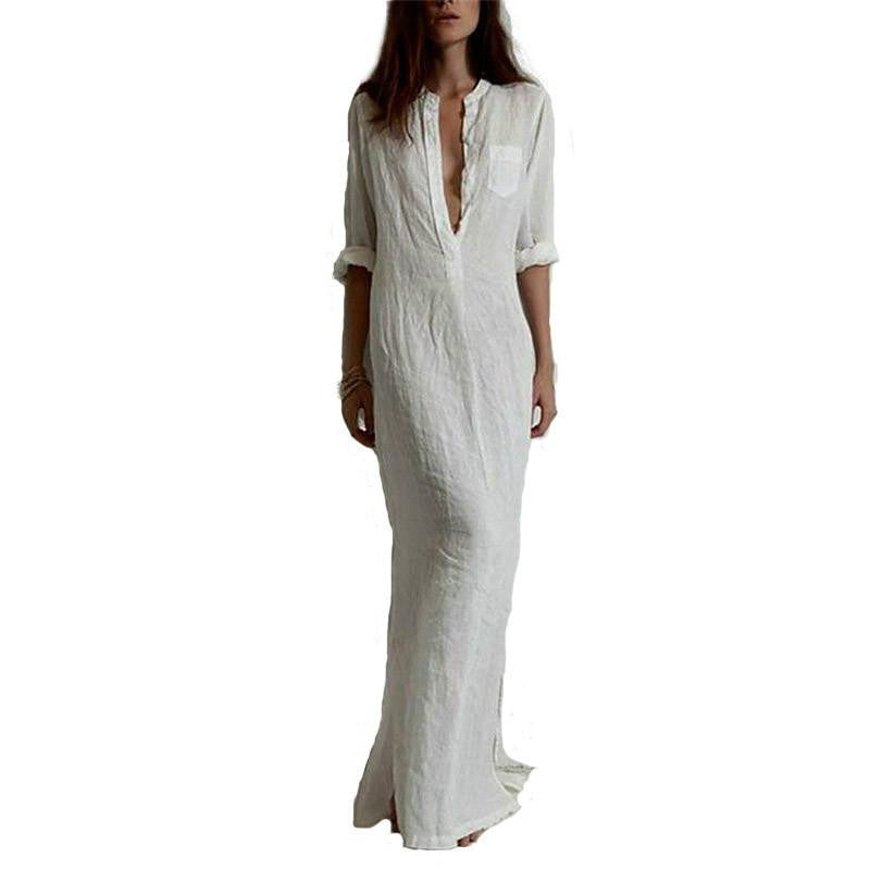 Zanzea Fashion Vestidos Autumn Women Casual Dress Long Sleeve Deep V Neck Linen Split Solid Long Maxi Dress Plus Size