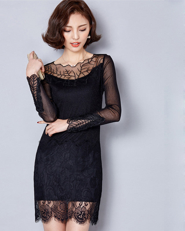 Online discount shop Australia - Embroidery Women Black Dress Fashion Spring Autumn Lace Dress Plus Size Long Sleeve Korean Dress