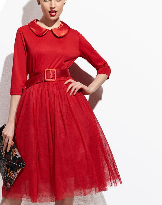 Red Women Pompon Day Dress Vintage Lapel Half Sleeve Tulle Party Tutu Slim Dresses