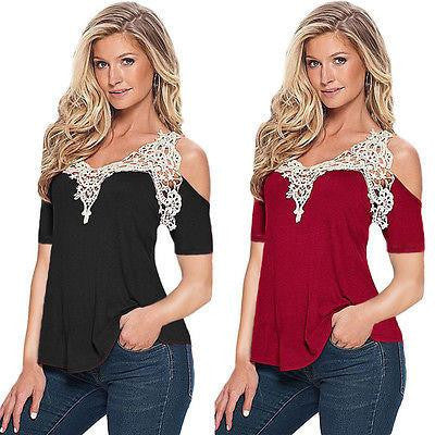 Women Loose Lace Patchwork off Shoulder Tops Short Sleeve Shirt