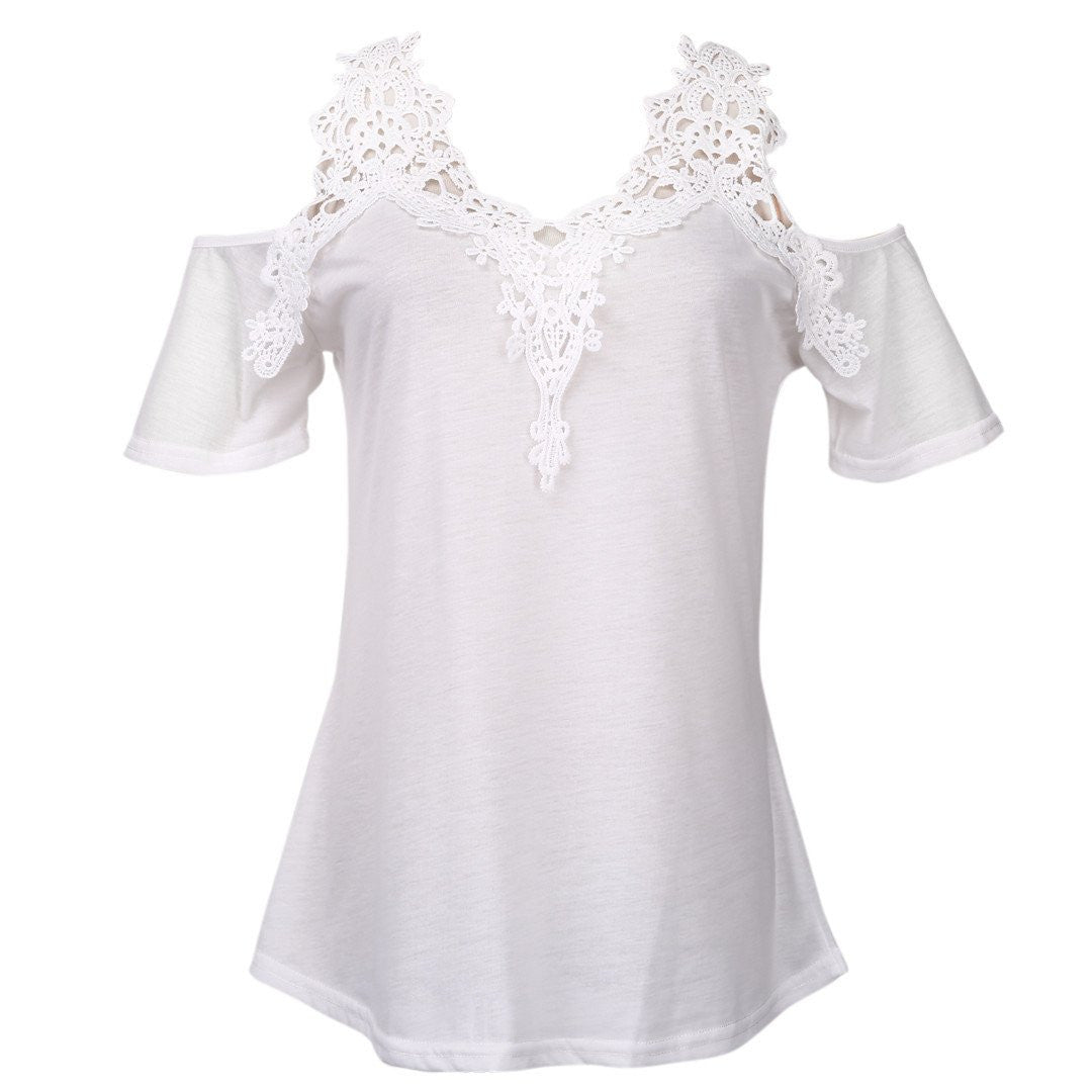 Women Loose Lace Patchwork off Shoulder Tops Short Sleeve Shirt