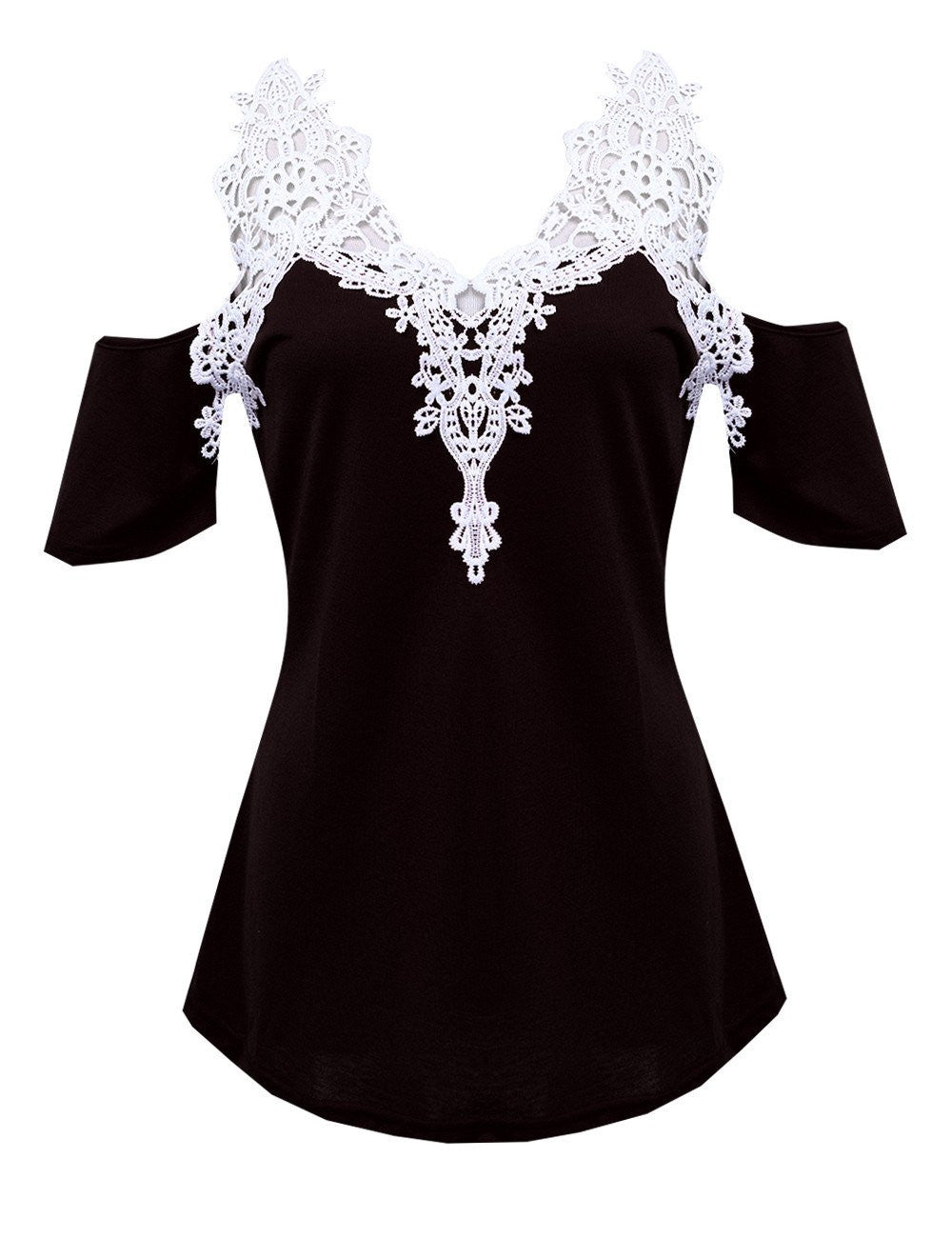 Women Loose Lace Patchwork off Shoulder Tops Short Sleeve Shirt