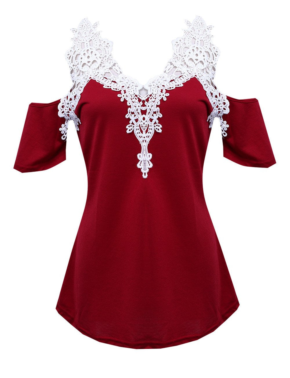 Women Loose Lace Patchwork off Shoulder Tops Short Sleeve Shirt