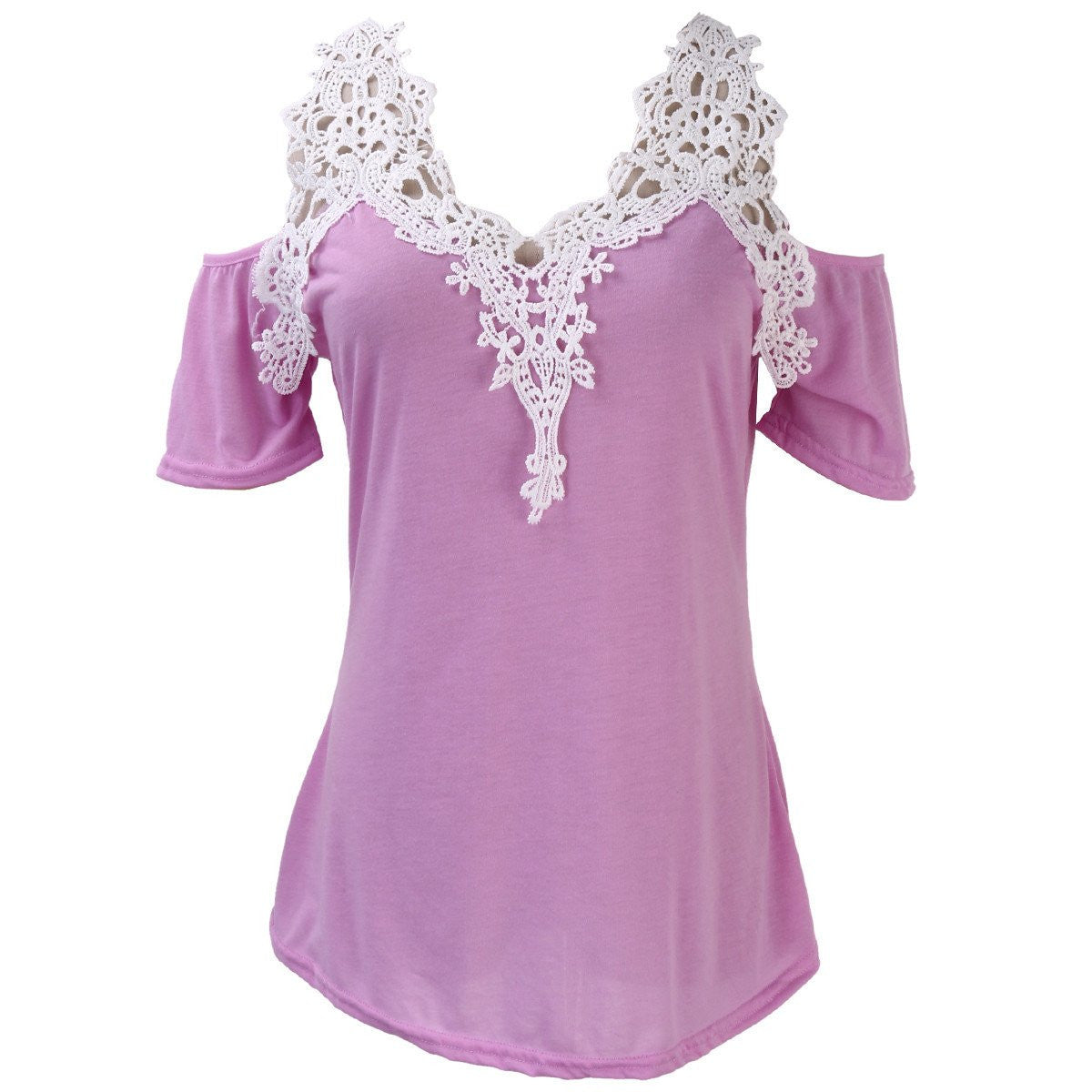 Women Loose Lace Patchwork off Shoulder Tops Short Sleeve Shirt