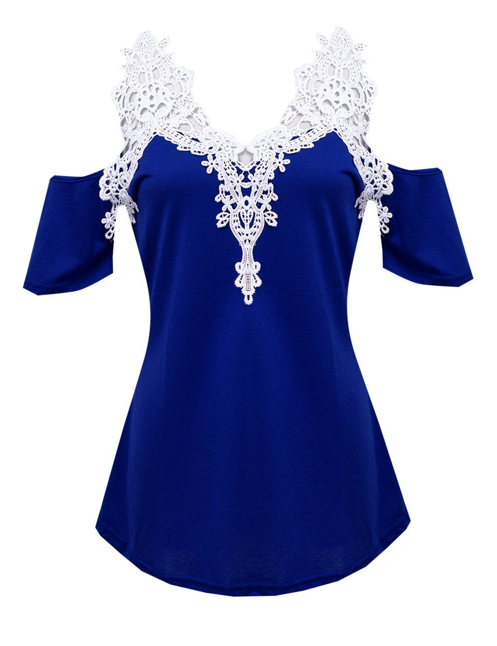 Women Loose Lace Patchwork off Shoulder Tops Short Sleeve Shirt