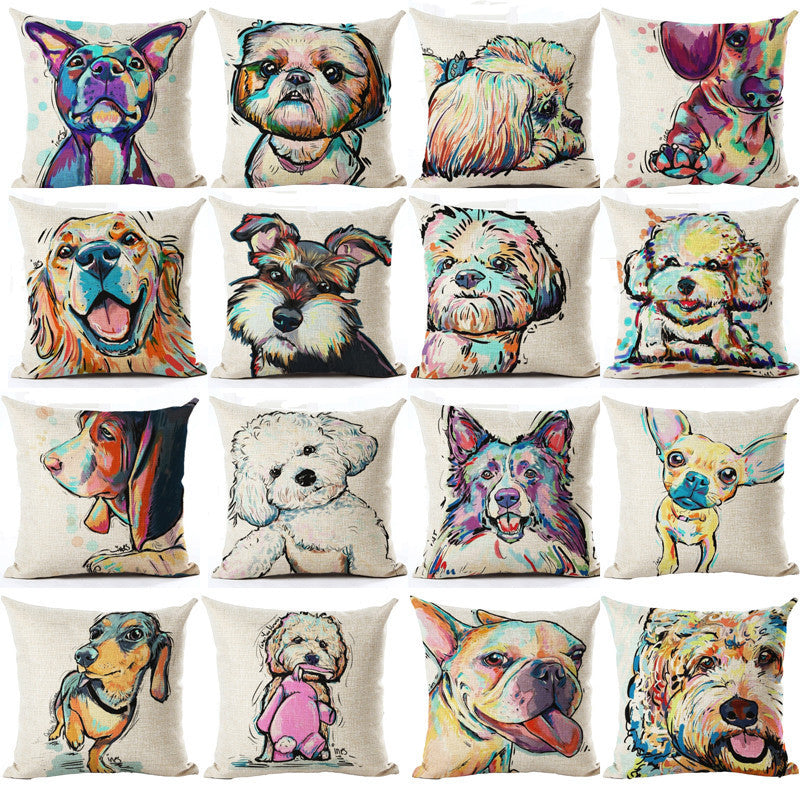 Pug Pop Dog Cushion Cover Decorative Throw Pillows Colorul French BullDog Watercolor Pattern Cotton Linen Cushion Bull Terrier