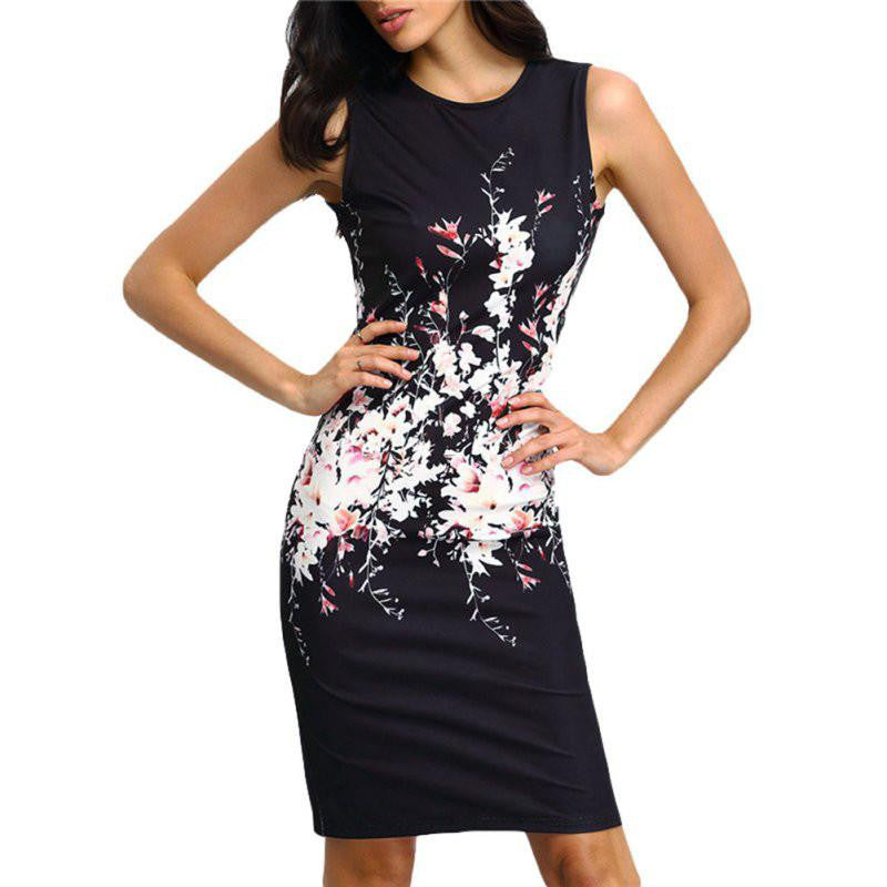 Women Vintage Dresses Ladies Elegant Summer Black Sleeveless Mini Length Floral Print Sheath Dress