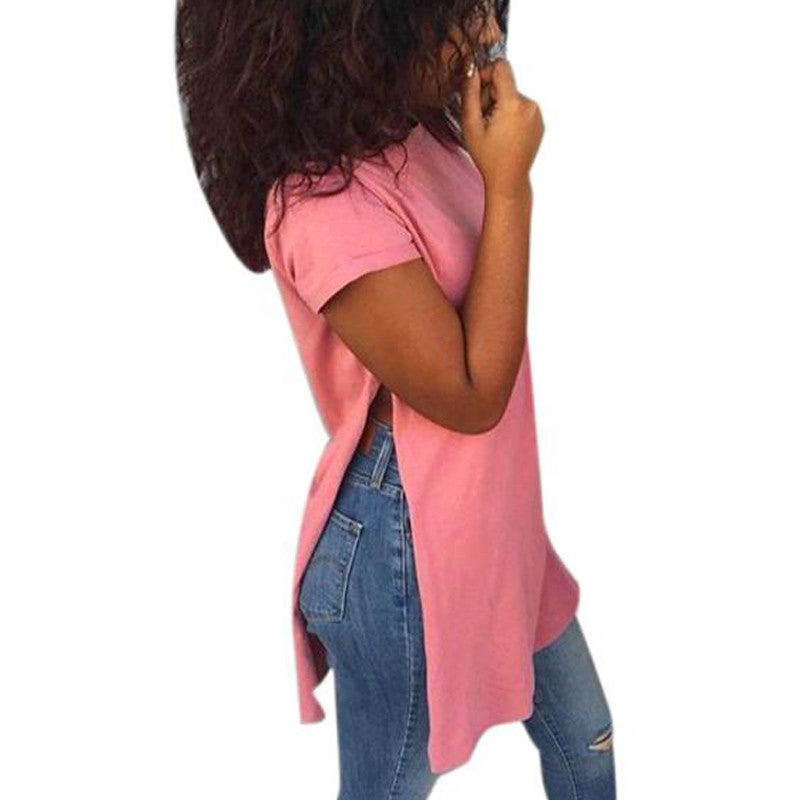 Online discount shop Australia - Long Style T shirt Women Fashion Causal Loose Split Solid Woment Tops  Ladies Girls  YE