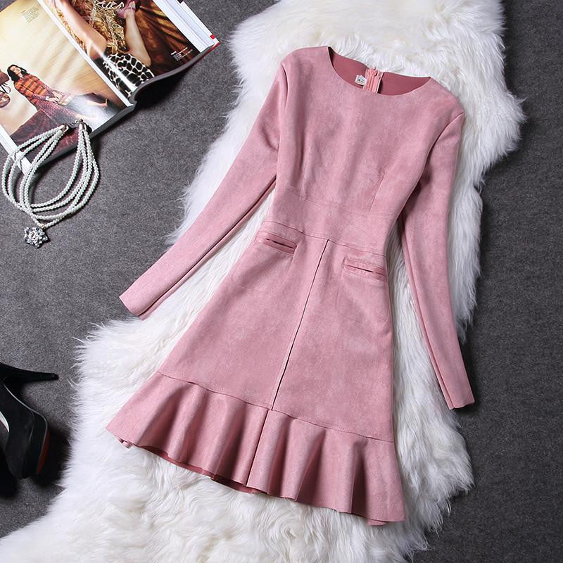 Women Dress Autumn Long Sleeve Suede Dress Ladies Slim Bottoming Flounced Fishtail Mini Dresses Vestidos Plus Size 2XL