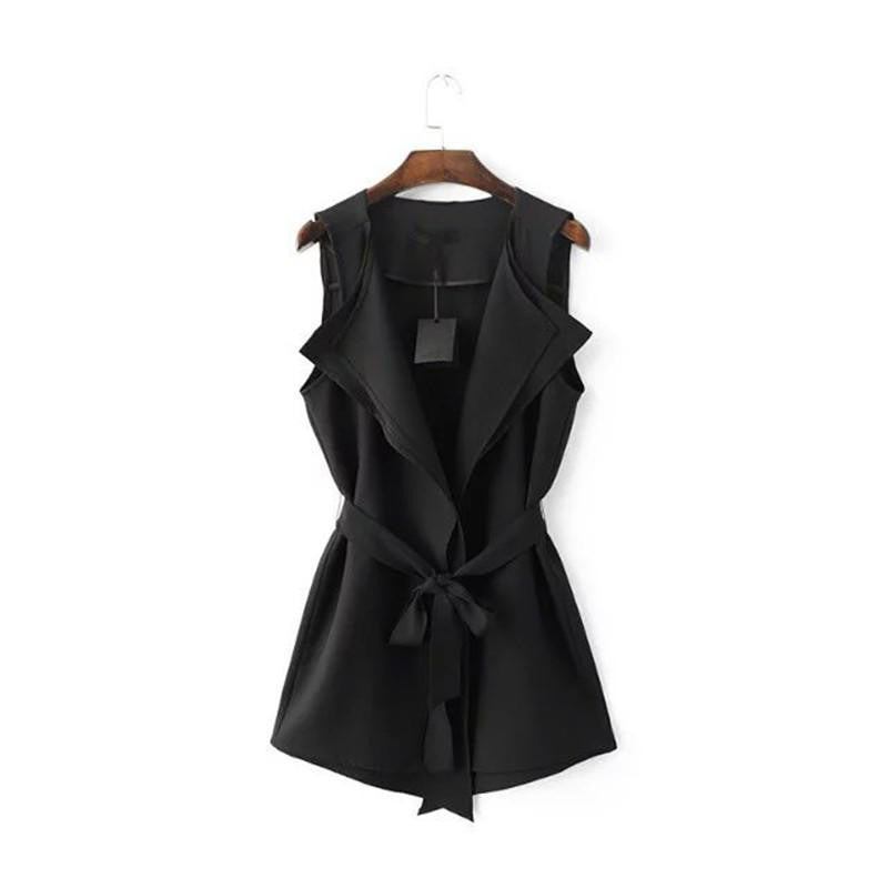 Women Ruffles Collar Vest OL Work Black White Vest With Sashes Asymmetric Length Ladies'Elegant Waistcoat