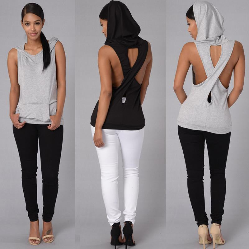 Online discount shop Australia - Fashion Women Tank Tops Hooded Back Cross Hollow Street wear Sleeveless Vest for women PP800E