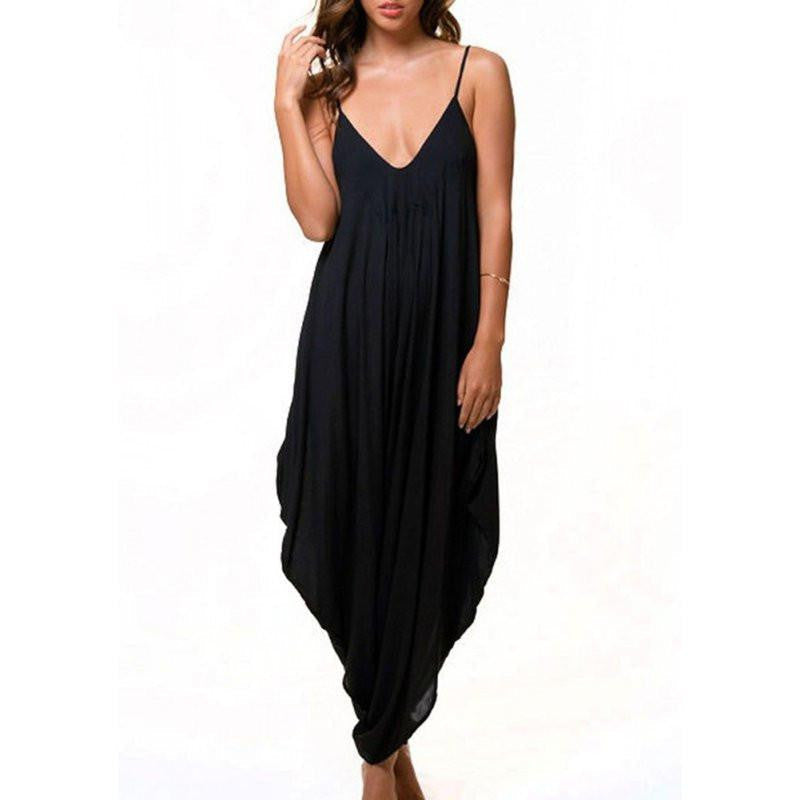 Women's V Neck Loose Baggy Fit Beach Party Jumpsuit Romper Harem Suit Higt