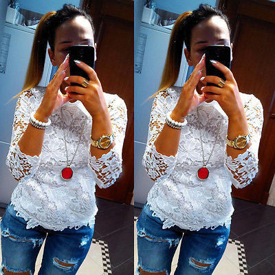 Online discount shop Australia - Fashion Women's Ladies Loose Long Sleeve Casual Blouse Shirt Tops Lace Embroidery Blouse