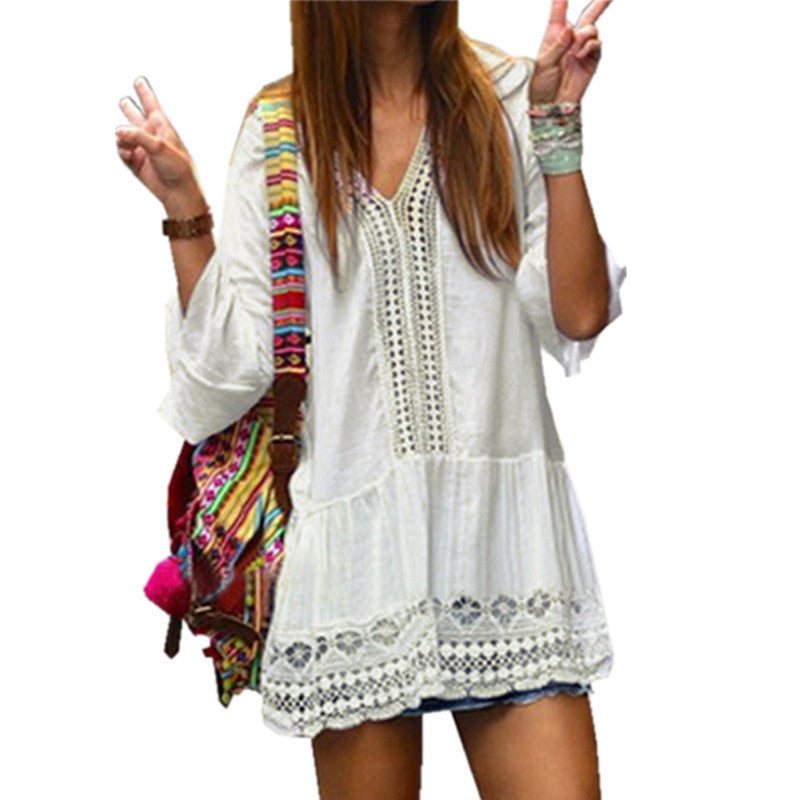 Women Lace Dress V neck Flare Sleeve Crochet Hollow Out White Mini Dress Female Boho Beach Dresses