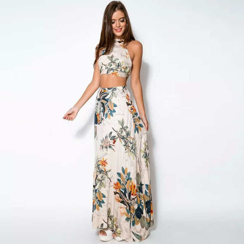 Online discount shop Australia - 2 Piece Set Party Beach Women Dresses Lady Summer Long Maxi Dress Fashion Sexy Cross Backless Halterneck Floral Print Vestido