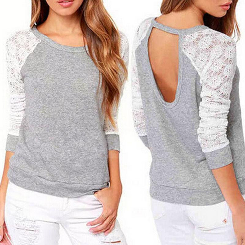 Women Sweatshirts Backless Embroidery Lace Casual Hoodies Long Sleeve Sweatshirts Ladies
