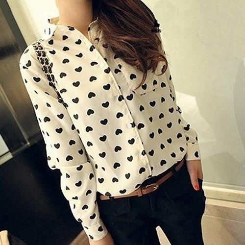 Women Casual Clothing Slim Love Heart Print Long Sleeve Shirt Top Blouse