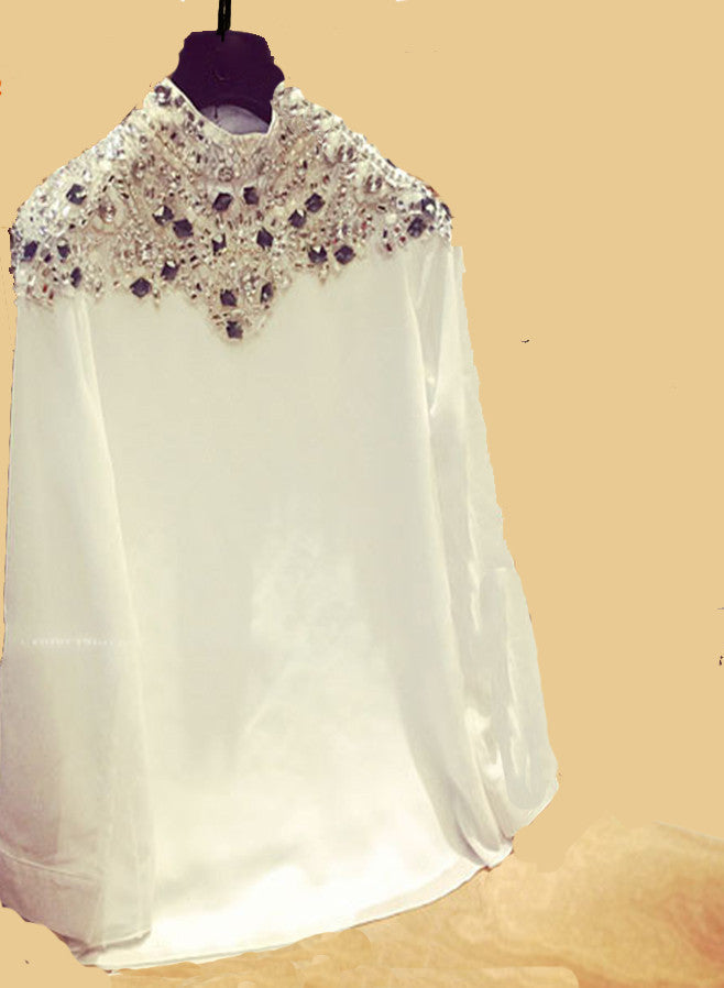 Online discount shop Australia - Luxury Style Plus Size Diamonds Stand Collar Long Sleeve Chiffon Blouse Women Elegante Loose Shirts Runway Pullover Top