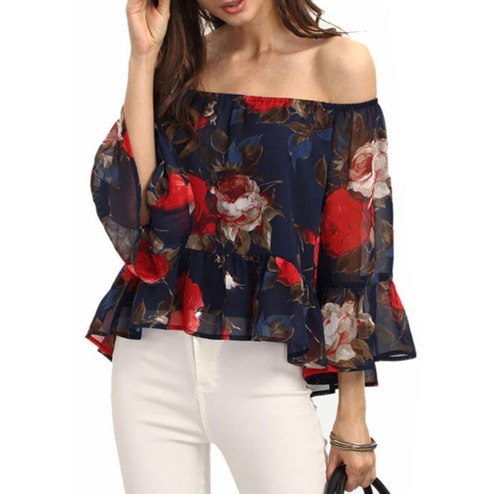 Ruffles Off Shoulder Tops Women Chiffon Blouse Female Ves Top Casual Tank Floral Top Shirt W1