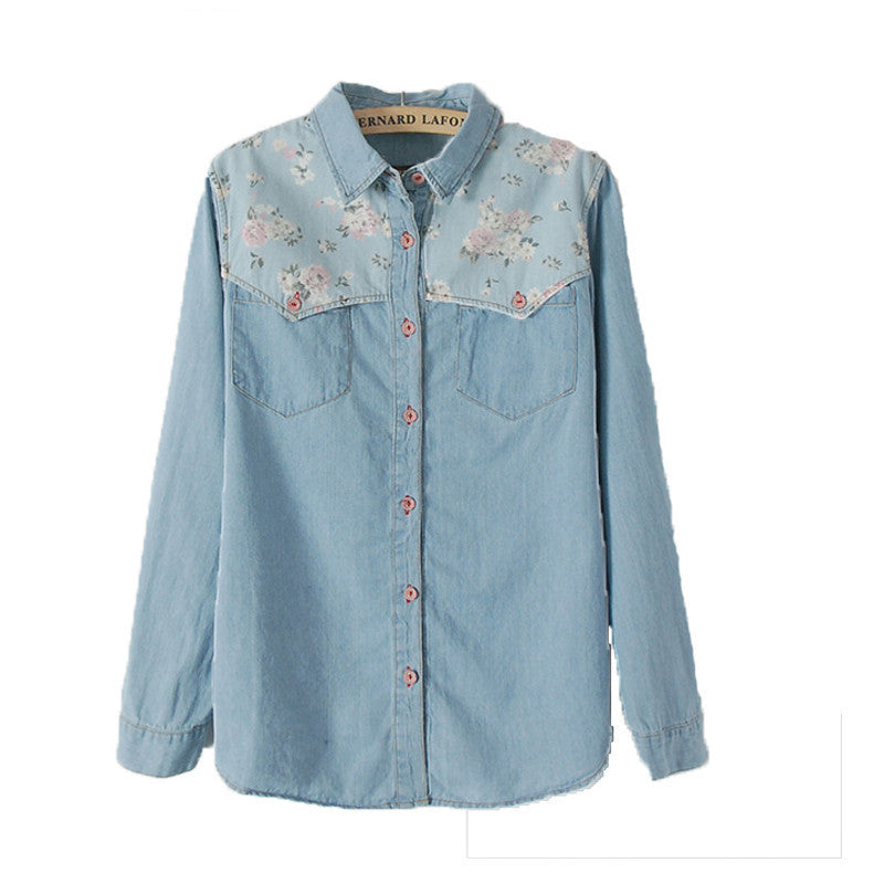 Online discount shop Australia - Fashion Ladies Sweet Floral printed Spliced Blue Denim Women Shirts Long Sleeve Casual Slim Blouses Jeans