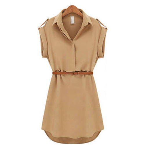 With Belt Women Summer Dress Shirt V-Neck Short A-Line Solid Plus Size Chiffon Casual Vestidos For Party Beach Office 8463 - CelebritystyleFashion.com.au online clothing shop australia